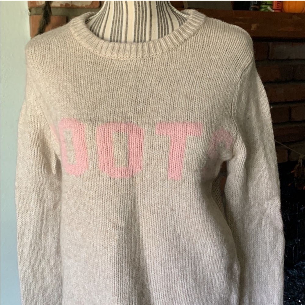 Roots Canada Beige Crewneck Wool Blend Sweater Pink Logo Sz M